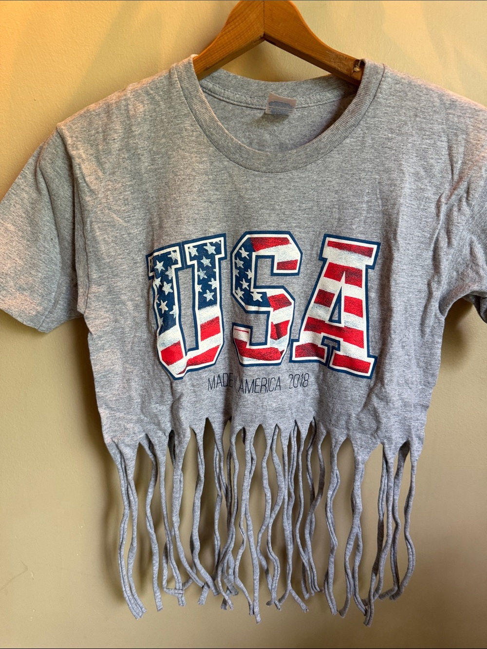 Kids USA Fringe T-Shirt - Gray with Red & Blue Print